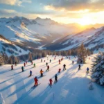 Skiërs in kleurrijke winterkleding oefenen bochten op besneeuwde pistes van Val Claret tijdens gouden uur in de Alpen