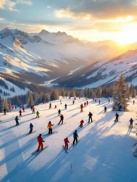 Skiërs in kleurrijke winterkleding oefenen bochten op besneeuwde pistes van Val Claret tijdens gouden uur in de Alpen