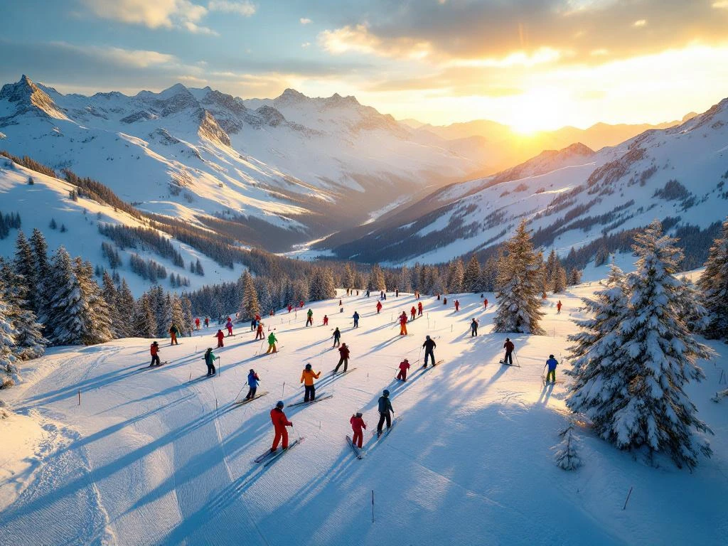 Skiërs in kleurrijke winterkleding oefenen bochten op besneeuwde pistes van Val Claret tijdens gouden uur in de Alpen