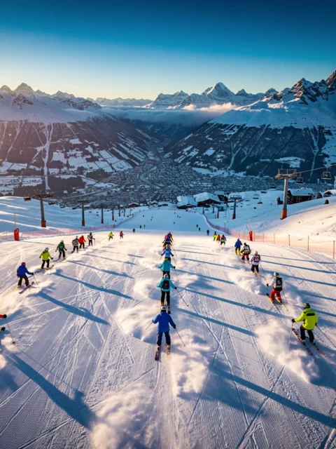Aerial view of Val-d'Isère ski resort with multiple groups skiing down snow-covered slopes during golden hour lighting