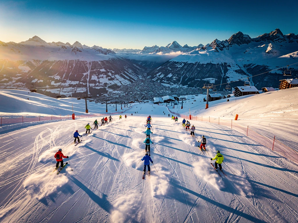 Aerial view of Val-d'Isère ski resort with multiple groups skiing down snow-covered slopes during golden hour lighting