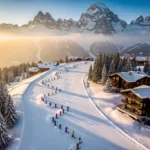 Luchtfoto van Val-d'Isère skipistes met skiërs in poedersneeuw, ski-instructeurs en Franse Alpen op achtergrond
