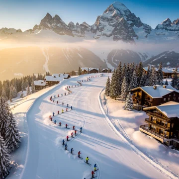 Luchtfoto van Val-d'Isère skipistes met skiërs in poedersneeuw, ski-instructeurs en Franse Alpen op achtergrond