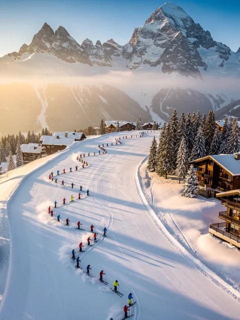 Luchtfoto van Val-d'Isère skipistes met skiërs in poedersneeuw, ski-instructeurs en Franse Alpen op achtergrond