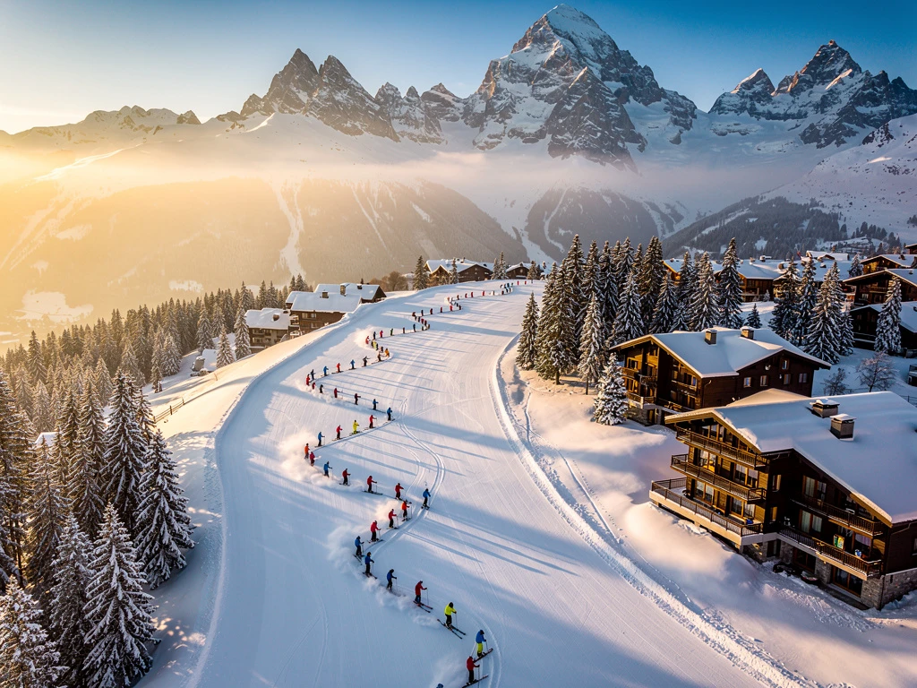 Luchtfoto van Val-d'Isère skipistes met skiërs in poedersneeuw, ski-instructeurs en Franse Alpen op achtergrond