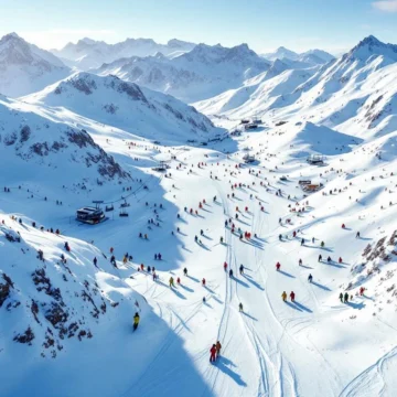 Luchtfoto van Val Thorens skigebied met besneeuwde Alpentoppen, gekleurde skiërs op hellingen en moderne skiliften