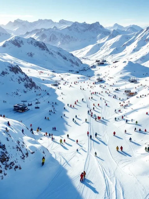 Luchtfoto van Val Thorens skigebied met besneeuwde Alpentoppen, gekleurde skiërs op hellingen en moderne skiliften