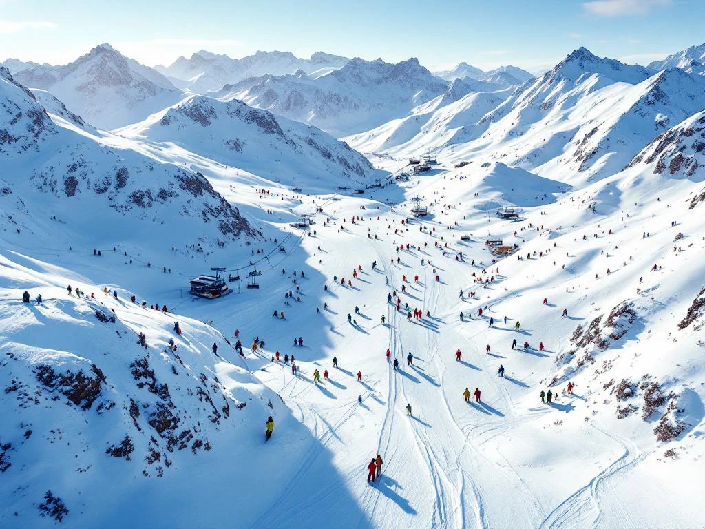 Luchtfoto van Val Thorens skigebied met besneeuwde Alpentoppen, gekleurde skiërs op hellingen en moderne skiliften