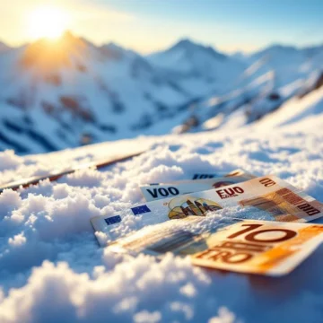 Skiliftkaartjes en euro's op verse sneeuw in Val Thorens met bergtoppen op achtergrond in gouden ochtendlicht