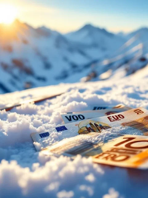 Skiliftkaartjes en euro's op verse sneeuw in Val Thorens met bergtoppen op achtergrond in gouden ochtendlicht