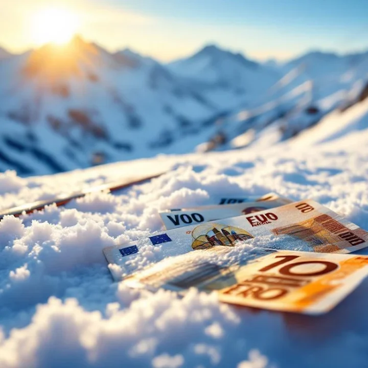 Skiliftkaartjes en euro's op verse sneeuw in Val Thorens met bergtoppen op achtergrond in gouden ochtendlicht