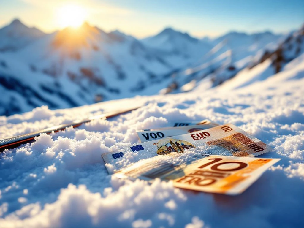 Skiliftkaartjes en euro's op verse sneeuw in Val Thorens met bergtoppen op achtergrond in gouden ochtendlicht