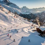 Aerial view of Vallorcine ski slopes with groomed powder trails, skiers on various difficulty levels, and Alpine chalets below.
