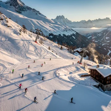 Aerial view of Vallorcine ski slopes with groomed powder trails, skiers on various difficulty levels, and Alpine chalets below.