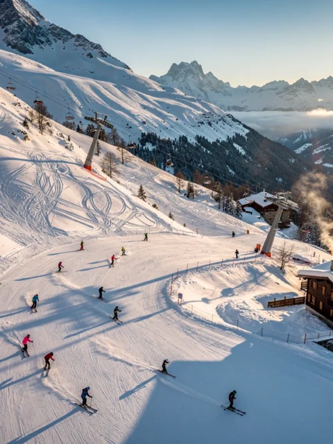 Aerial view of Vallorcine ski slopes with groomed powder trails, skiers on various difficulty levels, and Alpine chalets below.