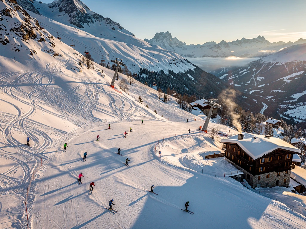 Aerial view of Vallorcine ski slopes with groomed powder trails, skiers on various difficulty levels, and Alpine chalets below.