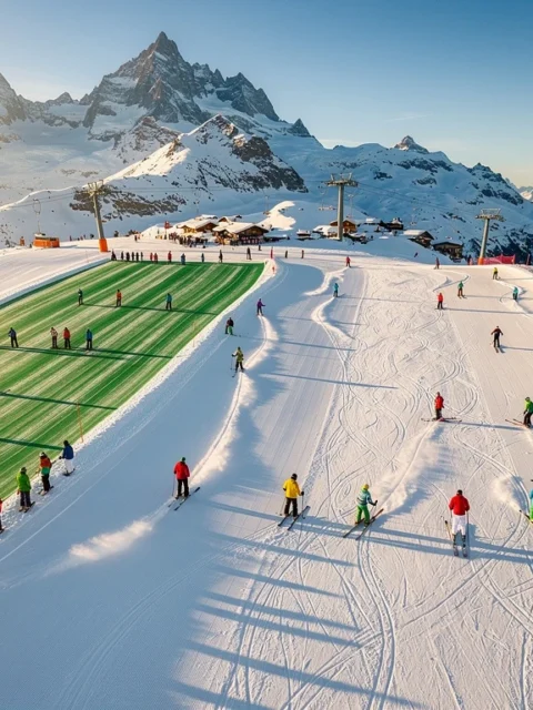 Luchtfoto van skiërs op besneeuwde pistes in Vallorcine met Alpen op achtergrond in gouden ochtendlicht