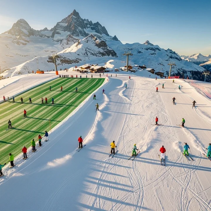 Luchtfoto van skiërs op besneeuwde pistes in Vallorcine met Alpen op achtergrond in gouden ochtendlicht