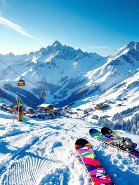 Luchtfoto van skigebied Valmorel met besneeuwde Alpentoppen, ski-uitrusting op poedersneeuw en chalets onder blauwe hemel