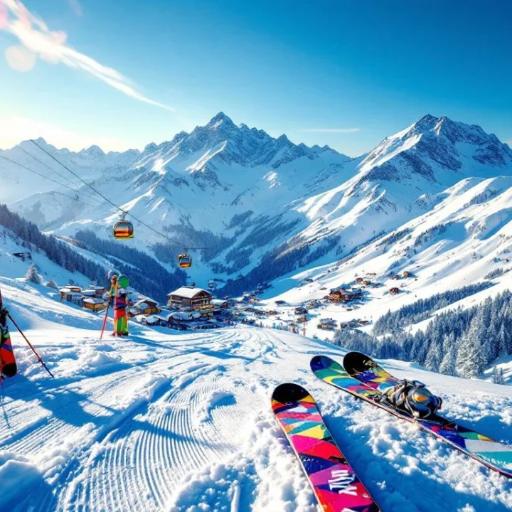 Luchtfoto van skigebied Valmorel met besneeuwde Alpentoppen, ski-uitrusting op poedersneeuw en chalets onder blauwe hemel
