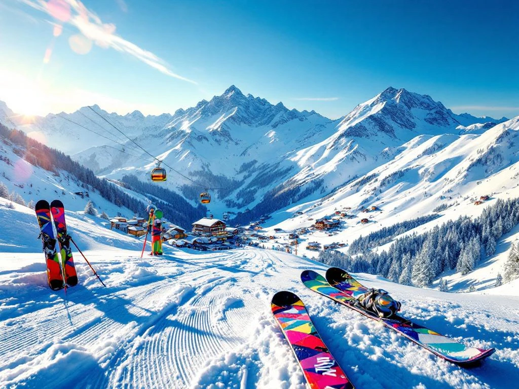 Luchtfoto van skigebied Valmorel met besneeuwde Alpentoppen, ski-uitrusting op poedersneeuw en chalets onder blauwe hemel