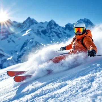 Professionele skiër demonstreert veilige valtechniek op een Alpine helling, in gecontroleerde houding met gebogen knieën terwijl poedersneeuw opstuift tegen bergachtig landschap.