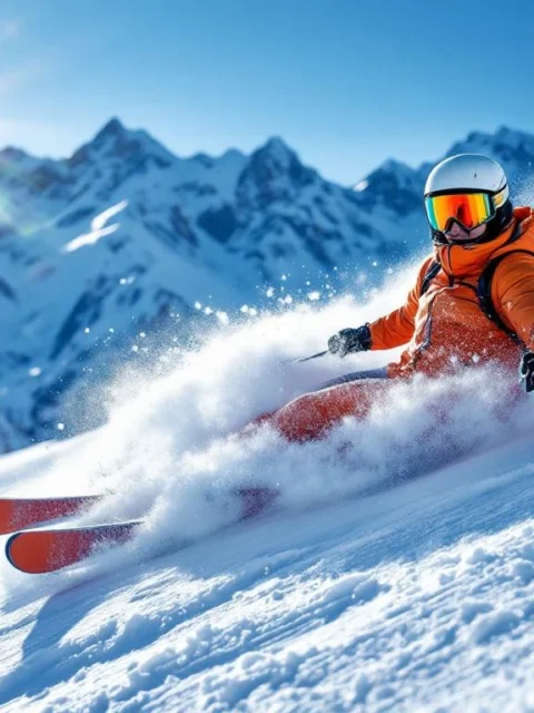 Professionele skiër demonstreert veilige valtechniek op een Alpine helling, in gecontroleerde houding met gebogen knieën terwijl poedersneeuw opstuift tegen bergachtig landschap.