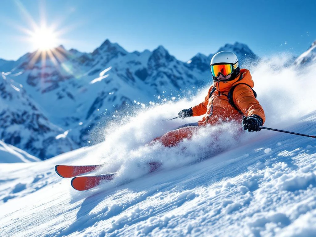 Professionele skiër demonstreert veilige valtechniek op een Alpine helling, in gecontroleerde houding met gebogen knieën terwijl poedersneeuw opstuift tegen bergachtig landschap.