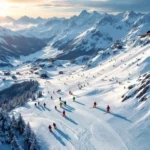 Luchtfoto van skipistes in Vorderglemm met skiërs op besneeuwde Alpenhellingen tijdens gouden uur, skiliften zichtbaar