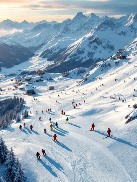 Luchtfoto van skipistes in Vorderglemm met skiërs op besneeuwde Alpenhellingen tijdens gouden uur, skiliften zichtbaar
