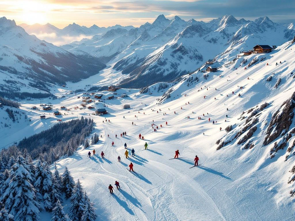 Luchtfoto van skipistes in Vorderglemm met skiërs op besneeuwde Alpenhellingen tijdens gouden uur, skiliften zichtbaar