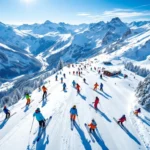 Luchtfoto van besneeuwde skipistes in Wagrain met skiërs en instructeurs op Oostenrijkse Alpenhellingen