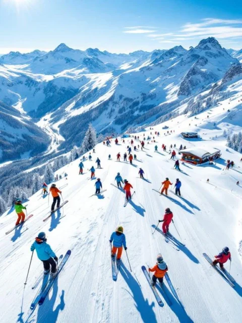 Luchtfoto van besneeuwde skipistes in Wagrain met skiërs en instructeurs op Oostenrijkse Alpenhellingen