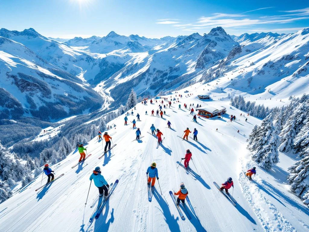 Luchtfoto van besneeuwde skipistes in Wagrain met skiërs en instructeurs op Oostenrijkse Alpenhellingen