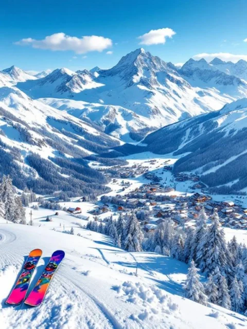 Luchtfoto van skigebied Waidring-Steinplatte in Oostenrijkse Alpen met besneeuwde pistes en ski-uitrusting op voorgrond