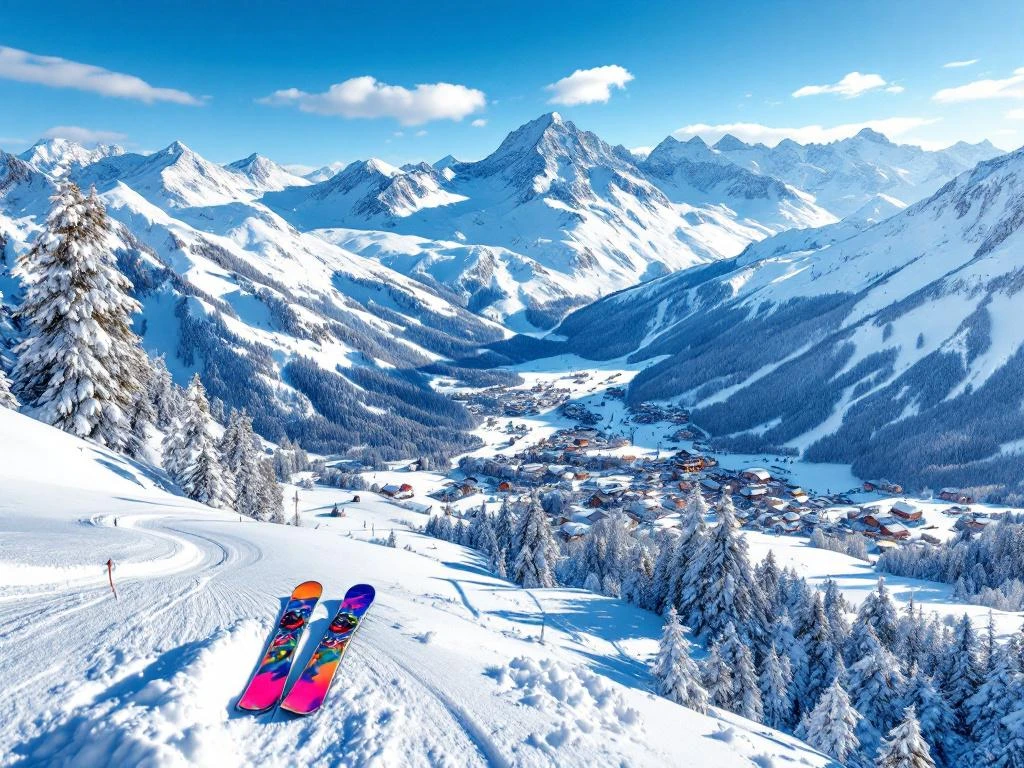 Luchtfoto van skigebied Waidring-Steinplatte in Oostenrijkse Alpen met besneeuwde pistes en ski-uitrusting op voorgrond