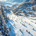 Luchtfoto van Westendorf skipistes in gouden ochtendlicht met skiërs en instructeurs op besneeuwde hellingen