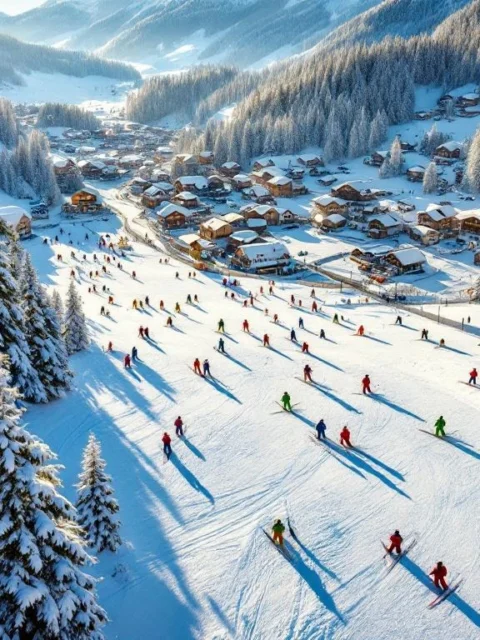 Luchtfoto van Westendorf skipistes in gouden ochtendlicht met skiërs en instructeurs op besneeuwde hellingen