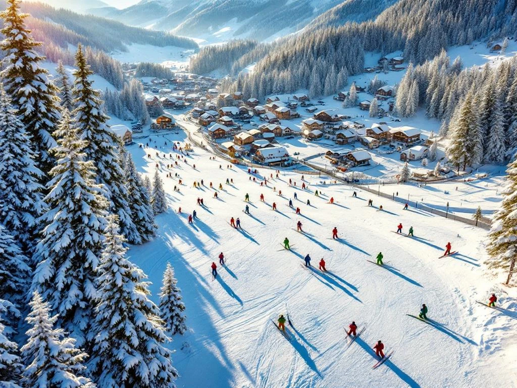 Luchtfoto van Westendorf skipistes in gouden ochtendlicht met skiërs en instructeurs op besneeuwde hellingen