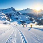 Luchtfoto van besneeuwde skipistes in Zauchensee met ski-uitrusting in verse poedersneeuw en Oostenrijkse Alpen op achtergrond
