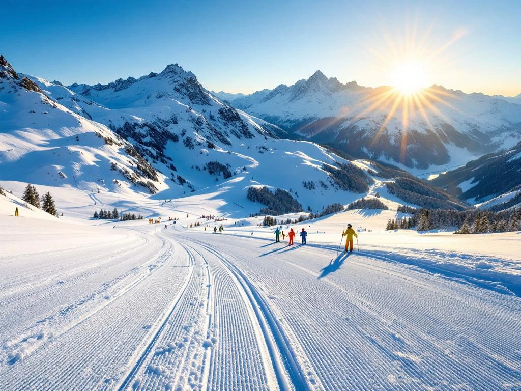 Luchtfoto van besneeuwde skipistes in Zauchensee met ski-uitrusting in verse poedersneeuw en Oostenrijkse Alpen op achtergrond