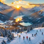 Luchtfoto van skipistes Zell am See met besneeuwde Alpentoppen, meer in dal en ski-instructeur uitrusting op voorgrond