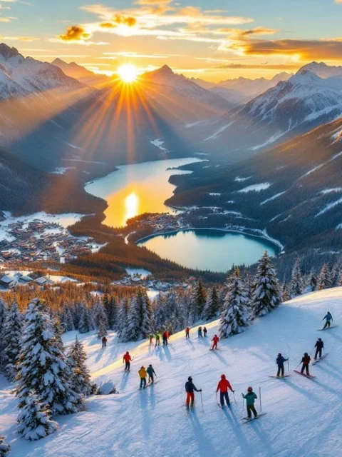 Luchtfoto van skipistes Zell am See met besneeuwde Alpentoppen, meer in dal en ski-instructeur uitrusting op voorgrond