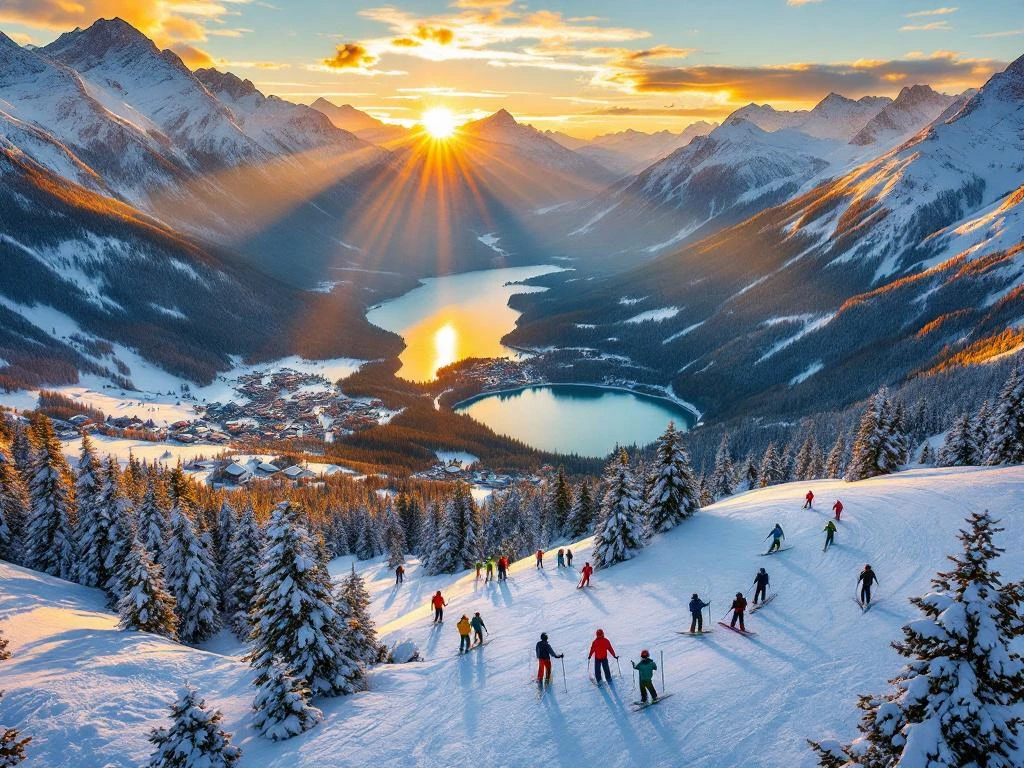 Luchtfoto van skipistes Zell am See met besneeuwde Alpentoppen, meer in dal en ski-instructeur uitrusting op voorgrond