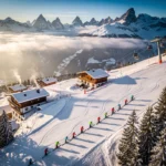Aerial view of Zell am Ziller ski resort with instructors leading groups down groomed alpine slopes surrounded by peaks