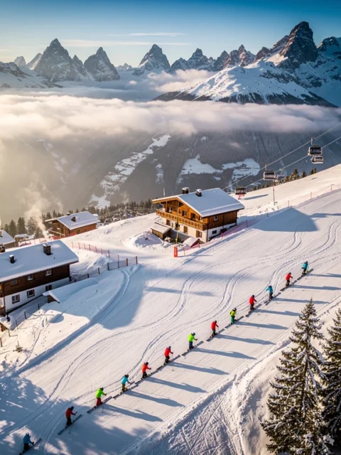 Aerial view of Zell am Ziller ski resort with instructors leading groups down groomed alpine slopes surrounded by peaks