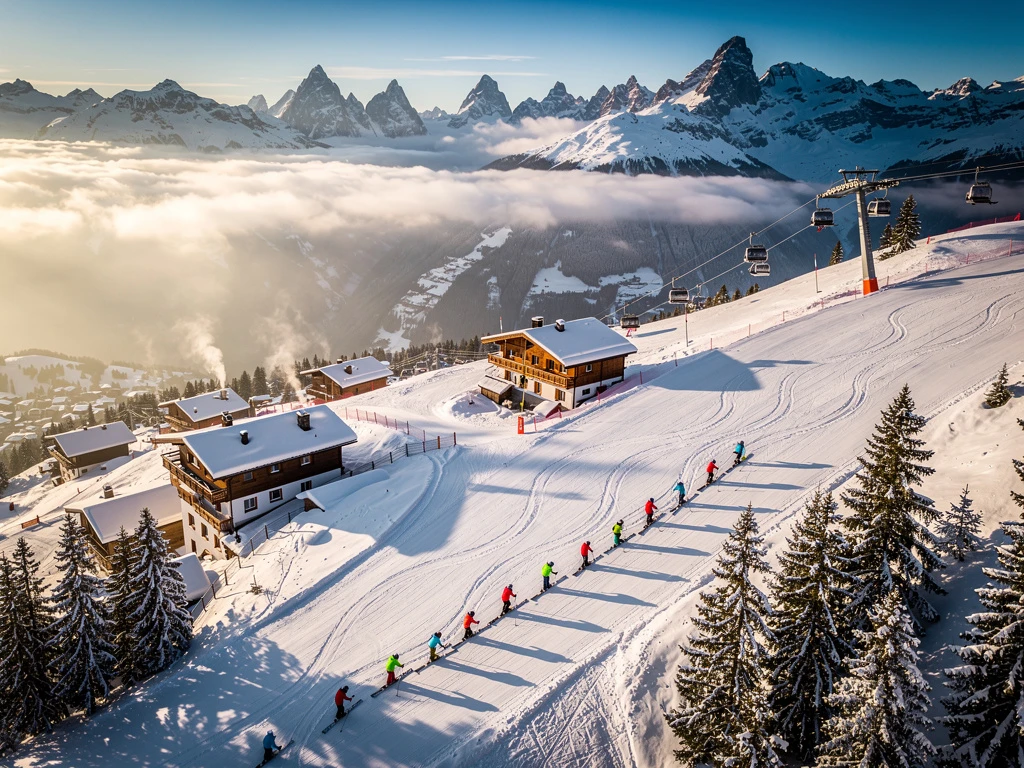 Aerial view of Zell am Ziller ski resort with instructors leading groups down groomed alpine slopes surrounded by peaks