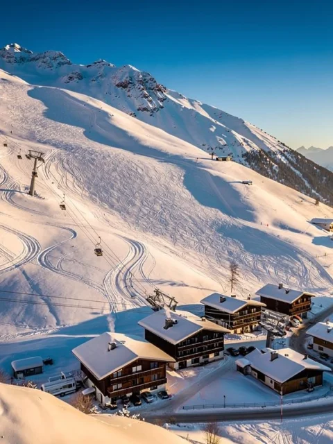Luchtfoto van Zell am Ziller skigebied met besneeuwde Alpentoppen, skipistes en Oostenrijks bergdorp in dal
