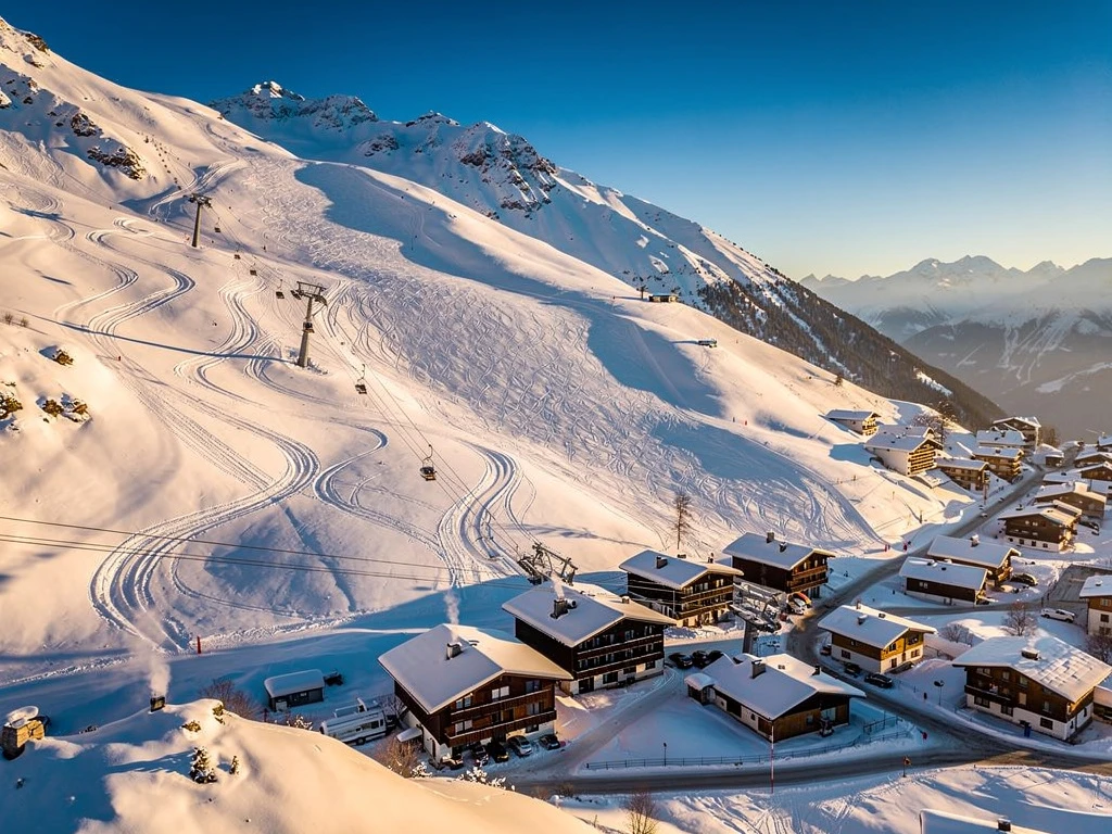 Luchtfoto van Zell am Ziller skigebied met besneeuwde Alpentoppen, skipistes en Oostenrijks bergdorp in dal