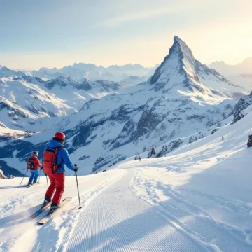 Ski-instructeur in rode jas geeft les aan skiër in blauw op piste in Zermatt met iconische Matterhorn berg badend in ochtendlicht op achtergrond.